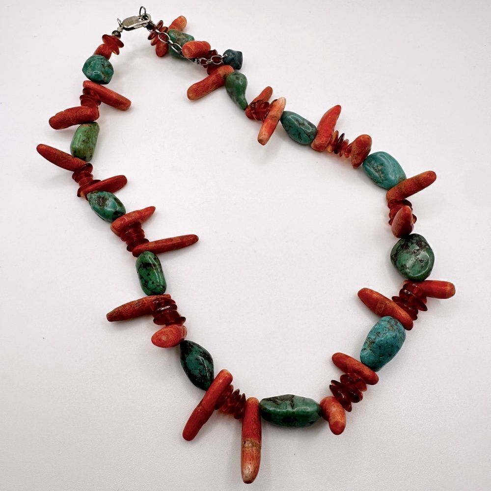 17"‎ Coral, amber and turquoise beaded necklace with sterling silver clasp!